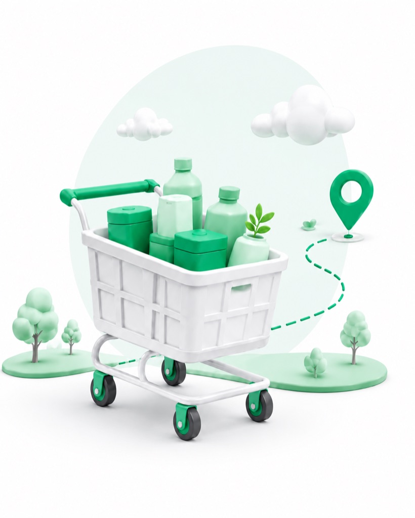 A trolley full of groceries with a delivery route winding to a map pin